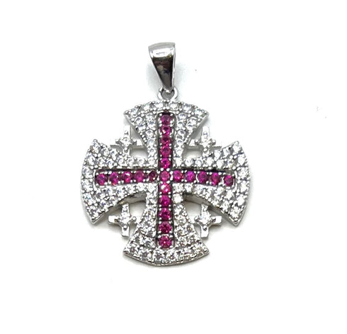 Sterling Silver Colored Pave Stone Jerusalem Cross Pendant
